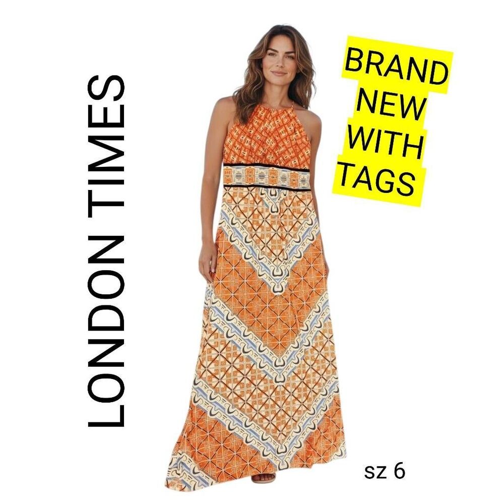 BRAND NEW with Tags London Times Boho Cottagecore Geometric Maxi Dress Sun Dress